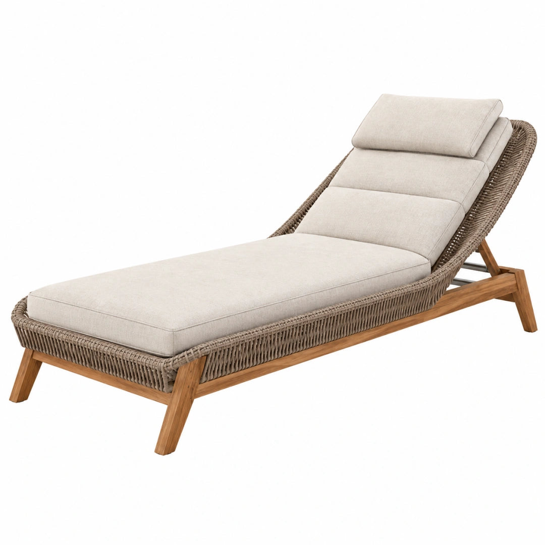 Gartenliege von VALMERIN aus Holz und Geflecht, beige, verstellbare Rückenlehne, Maße 200x75x85 cm, ideal für Garten und Terrasse