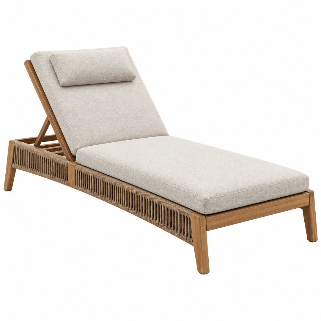 Gartenliege von VALMERIN aus Holz und Seilgeflecht, beige, mit verstellbarer Rückenlehne, Maße 200 x 70 x 85 cm