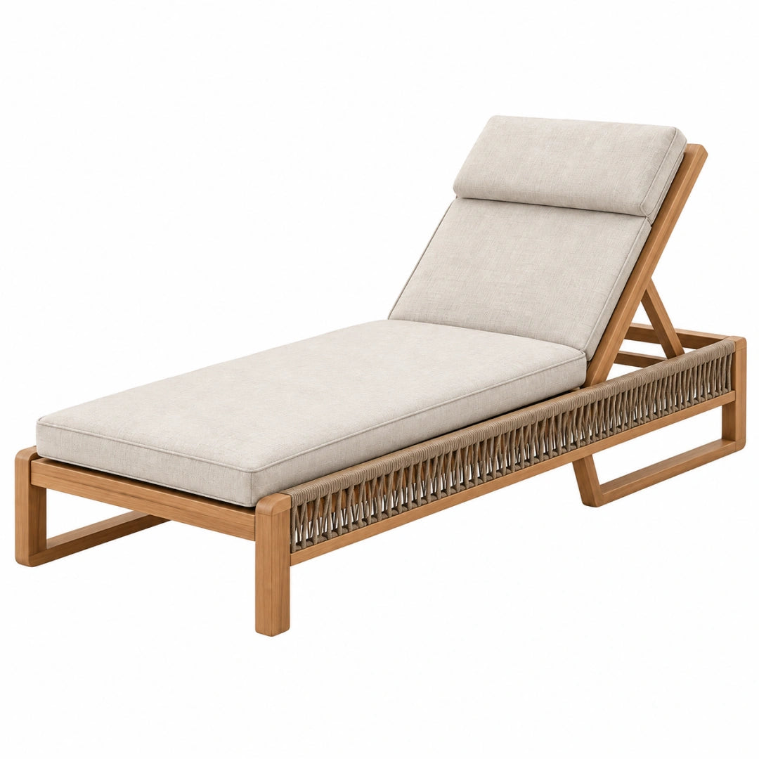 Gartenliege aus Holz von VALMERIN, beige, 200x75x80 cm, mit verstellbarer Rückenlehne, ideal für den Garten.