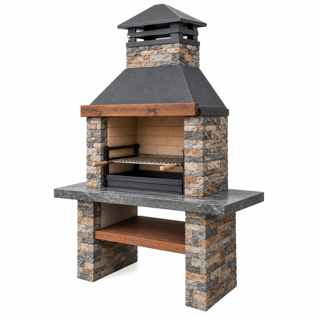 Gartengrillkamin von VALMERIN mit Steinverkleidung in Grau Braun, Grillrost und Kamin für den Außenbereich