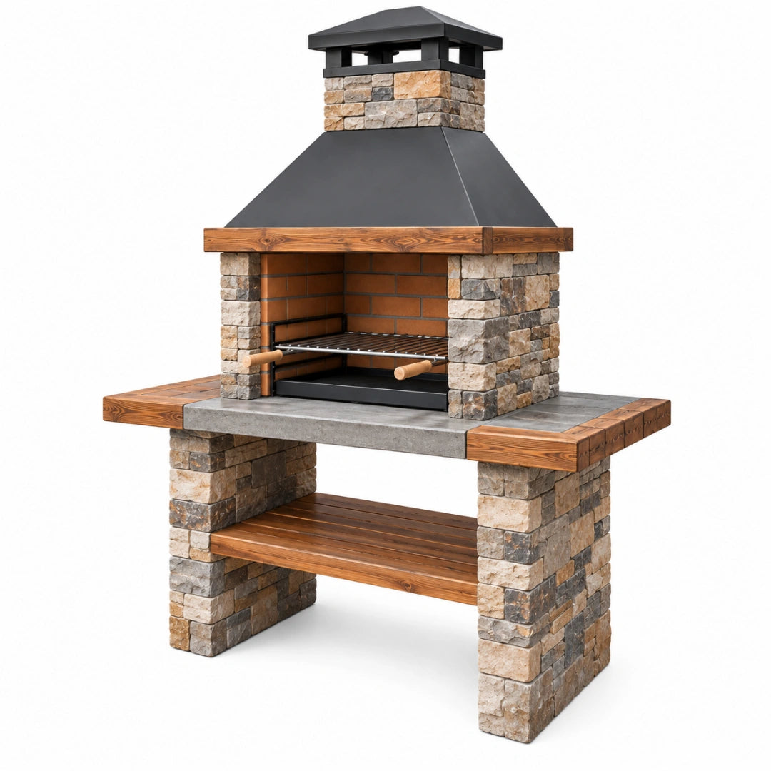 Gartenkamin Grillstation aus Naturstein und Stahl, 140 x 80 x 210 cm, für den Außenbereich, mit Holzlager von VALMERIN