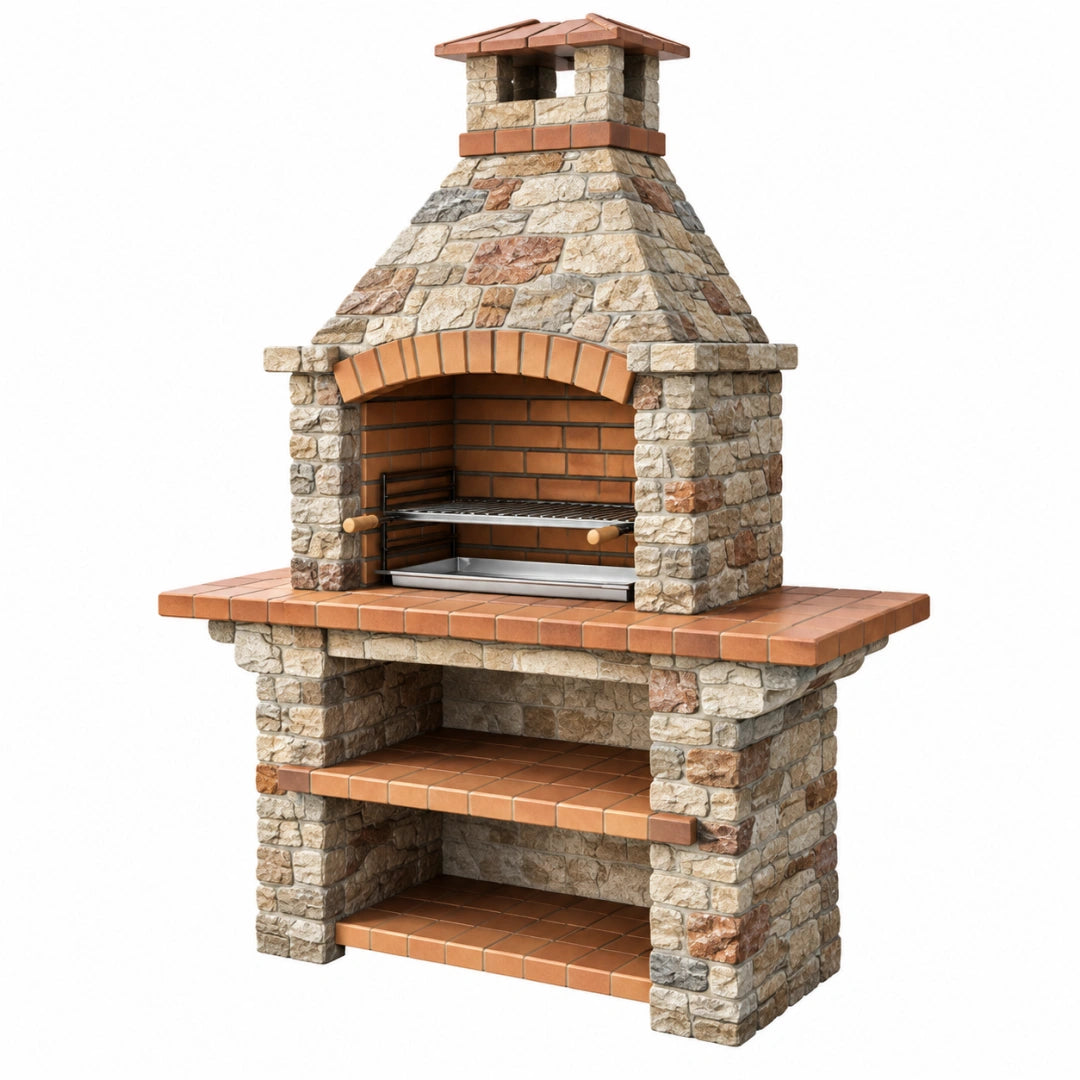 BRAUN BEIGER VALMERIN Grillkamin aus Stein und Keramik, 120x70x210 cm, ideal für den Außenbereich