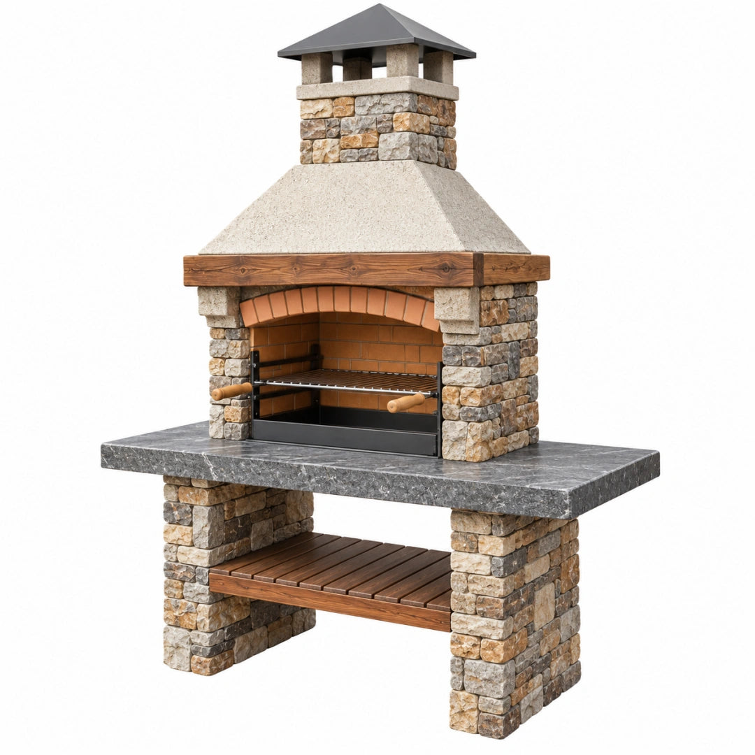 Garten-Grillkamin aus Naturstein in Braun-Grau mit Grillrost, Maße 150 x 80 x 240 cm, ideal für den Außenbereich.
