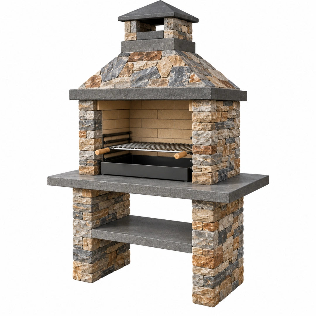 Gartengrillkamin aus Naturstein in Grau und Braun mit Kamin und Grillrost, Maße 100x70x200 cm, von VALMERIN