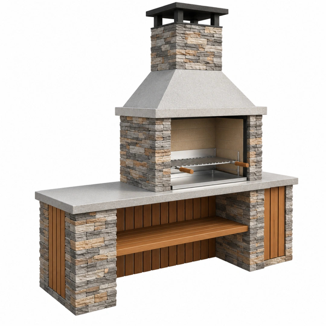 Gartenkamin Grillstation von VALMERIN mit Steinverkleidung, Grillrost, Maße 200x70x250 cm in Grau und Braun, für Außenbereich