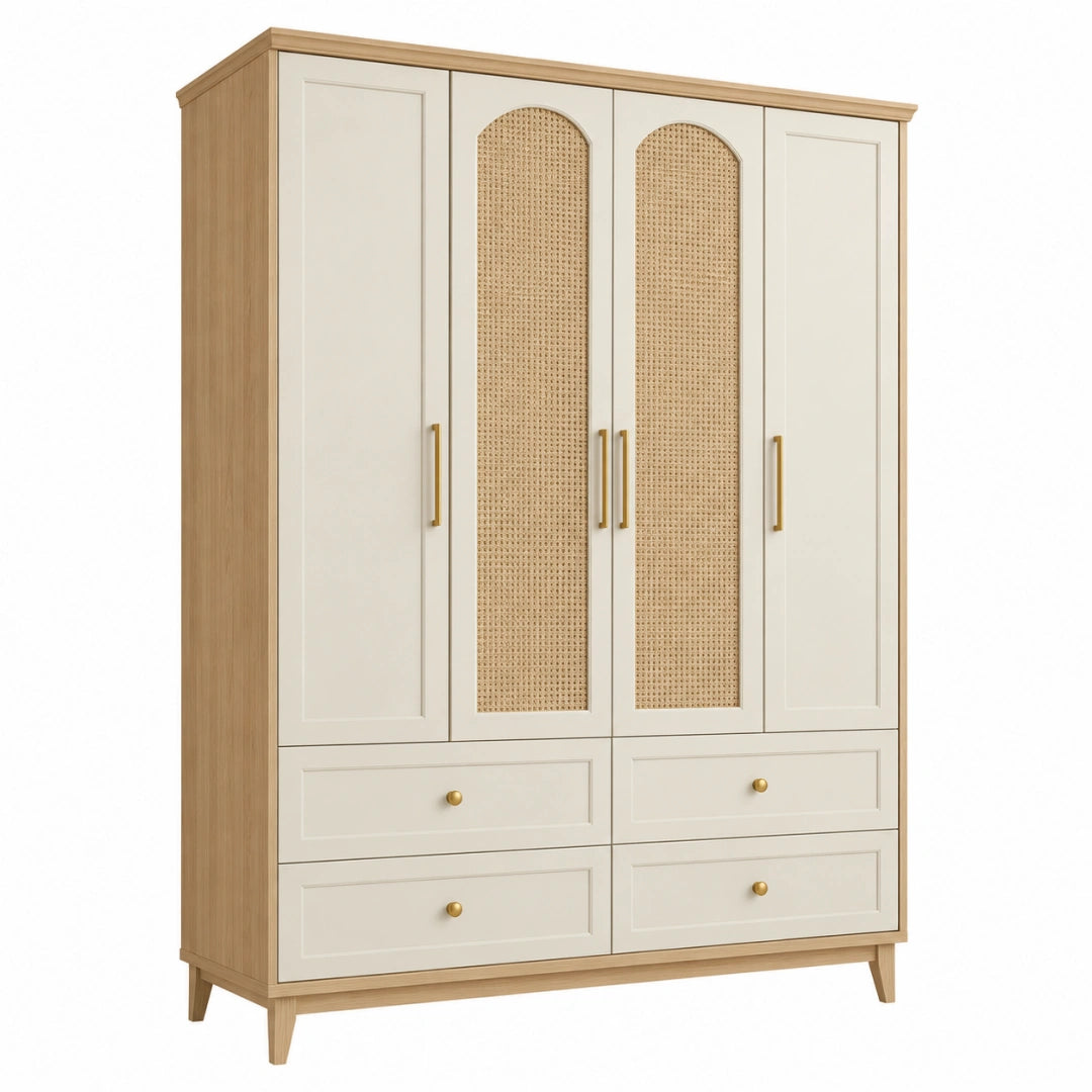 Kleiderschrank aus Holzwerkstoff mit Rattangeflecht, 180x55x200 cm, cremefarben, mit Schubladen, von VALMERIN