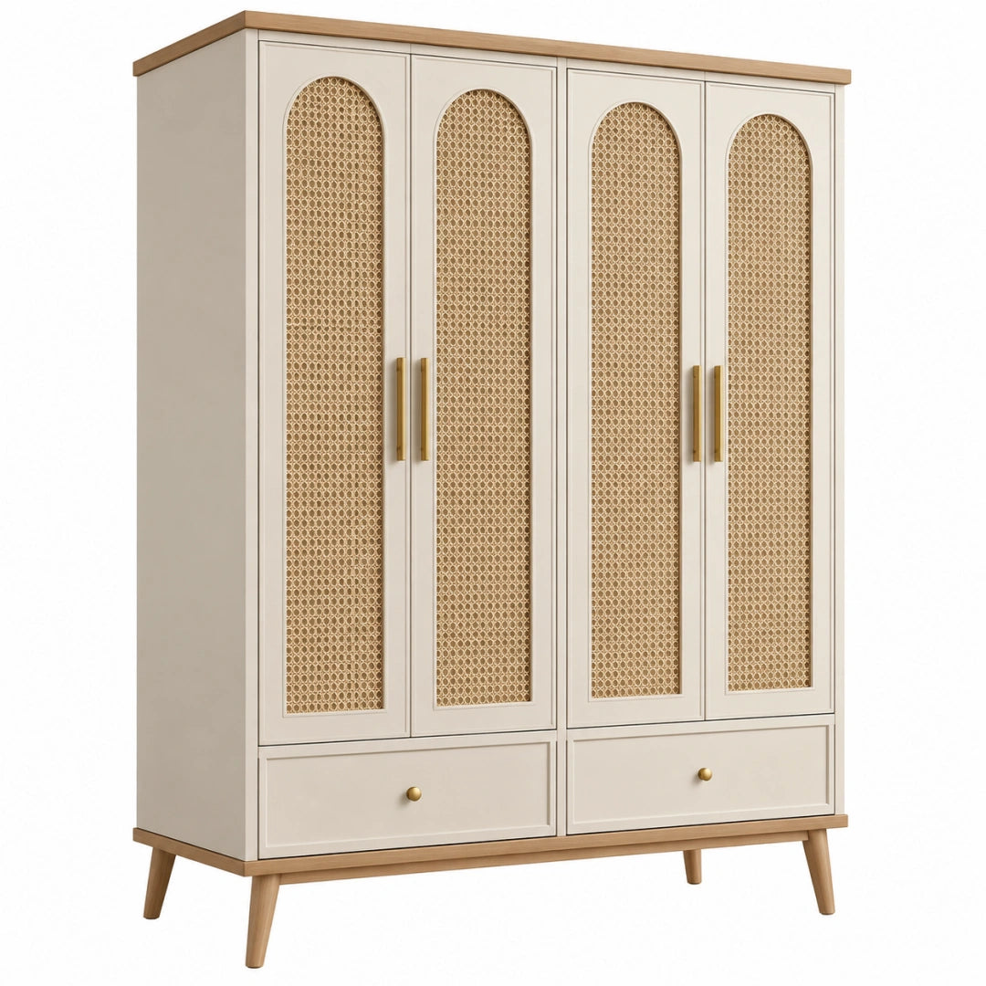 Kleiderschrank aus Holzwerkstoff in Creme mit Rattan-Geflecht im Boho-Stil, Maße 160 x 45 x 190 cm, von VALMERIN