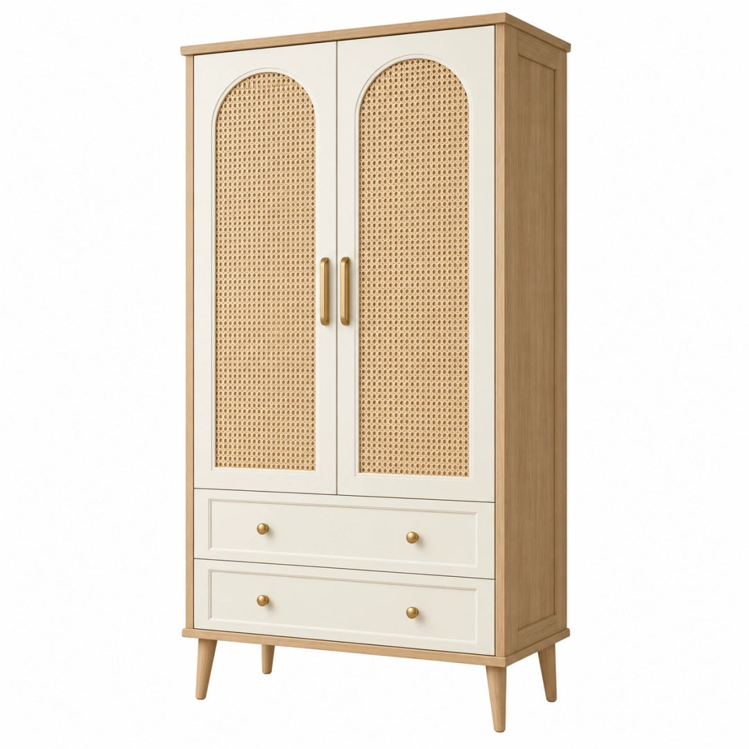 Kleiderschrank aus Holzwerkstoff in Naturweiß mit Rattangeflecht im Boho-Stil, 80 x 40 x 180 cm, von VALMERIN