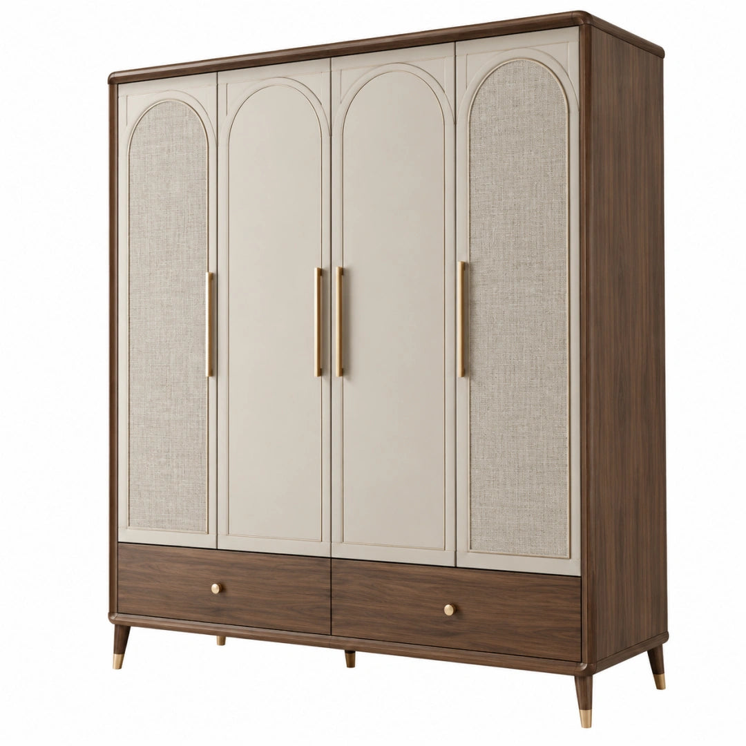 Kleiderschrank VALMERIN in Walnuss Creme, 200x60x200 cm, mit 4 Türen und 2 Schubladen, modernes Stauraummöbel