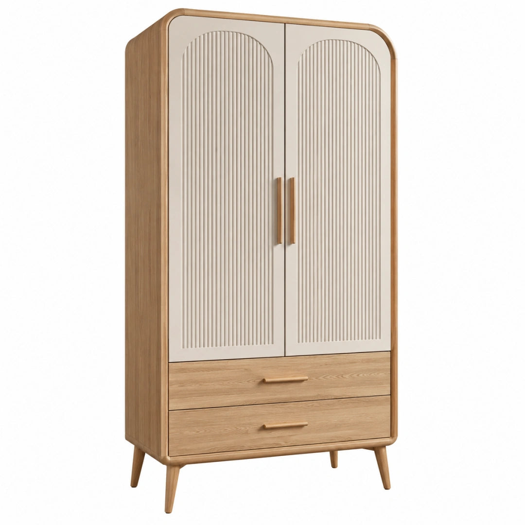 Kleiderschrank in Holzoptik Creme mit 2 Türen und 2 Schubladen, geriffeltes Design, VALMERIN, Maße 90x50x180 cm