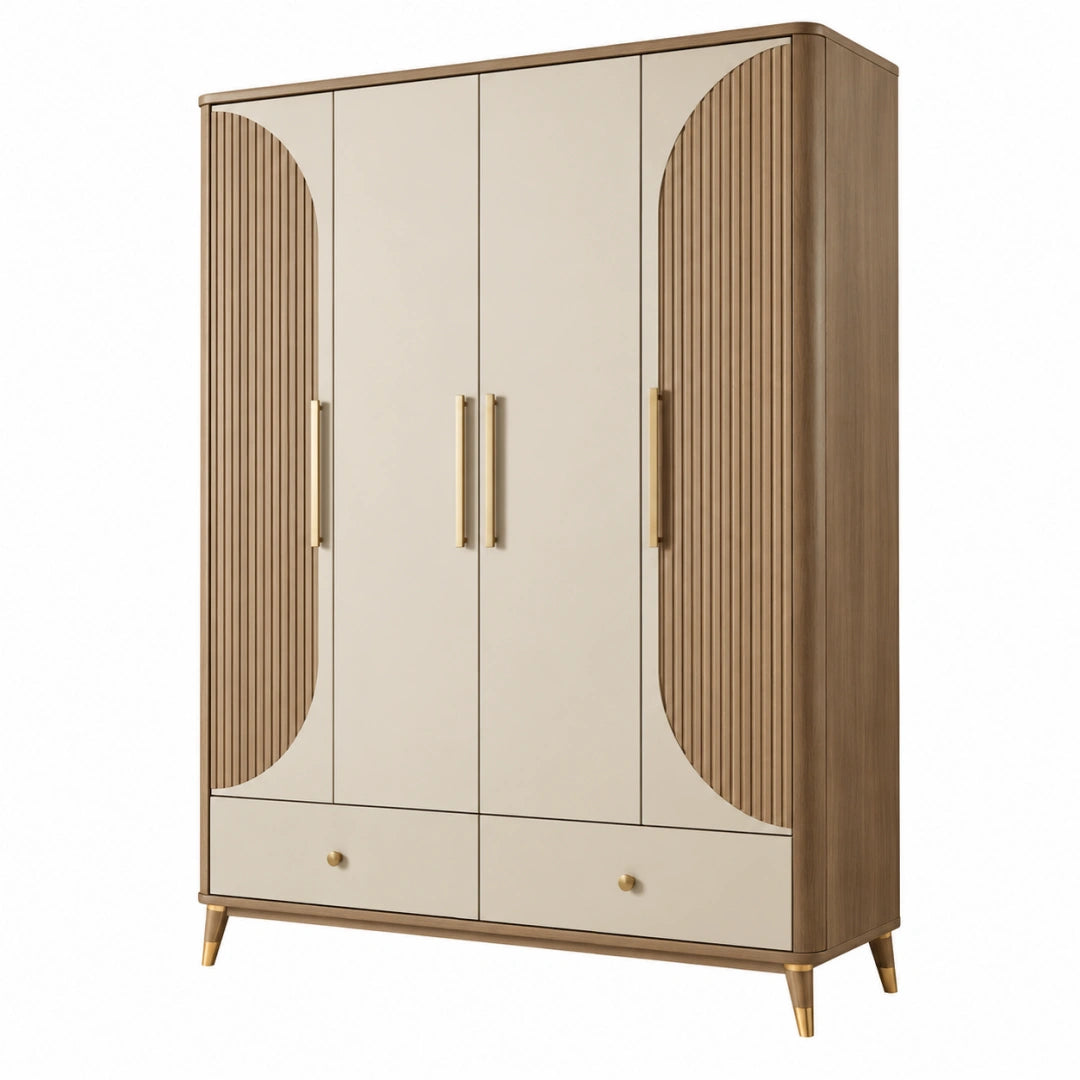 Moderner Kleiderschrank aus Holzwerkstoff in Beige und Braun mit 4 Türen, 2 Schubladen, Maße 120x55x190 cm, von VALMERIN