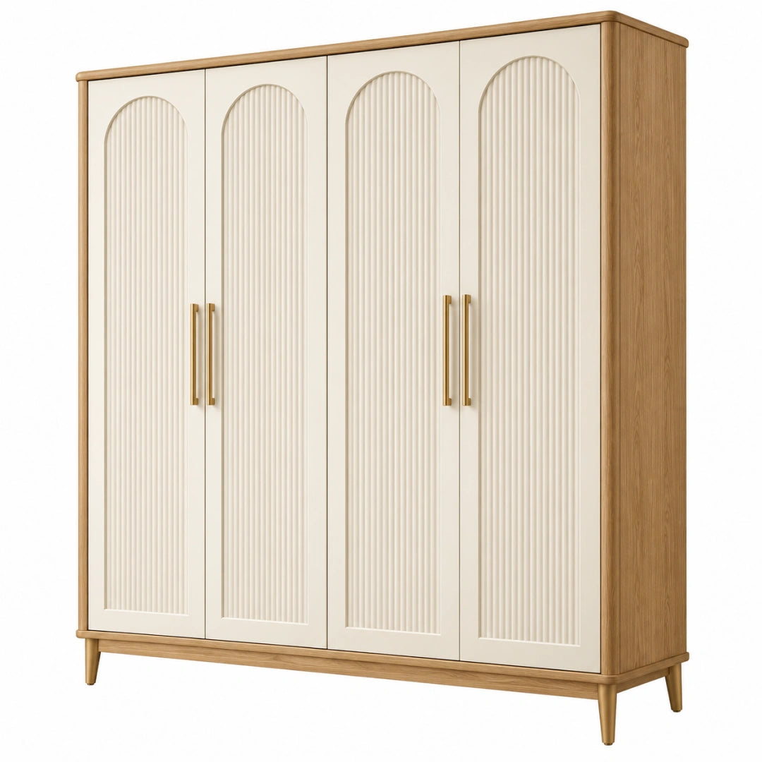 Kleiderschrank VALMERIN aus Holzwerkstoff, 180x55x200 cm, Naturweiß, mit 4 Türen im Retro-Stil, moderne Aufbewahrungslösung