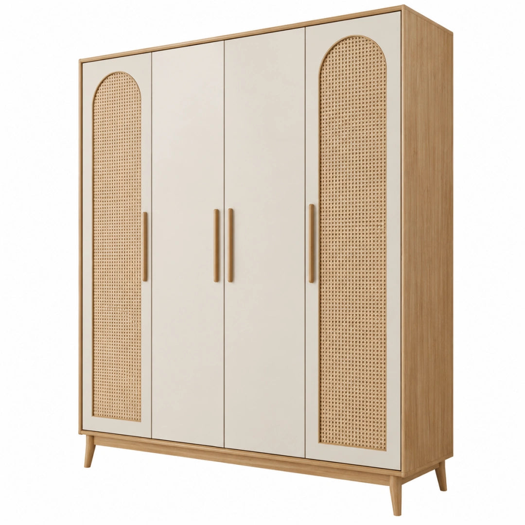 Skandinavischer Kleiderschrank aus Holzwerkstoff, 160x55x200 cm, cremefarben mit Rattangeflecht, VALMERIN, naturfarben