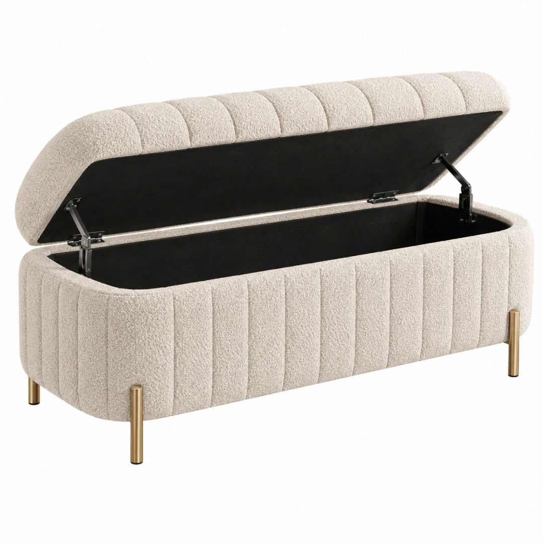 Gepolsterte Aufbewahrungsbank mit Bouclé-Bezug in Creme, Maße 120x45x48 cm, von VALMERIN, mit Stauraum.