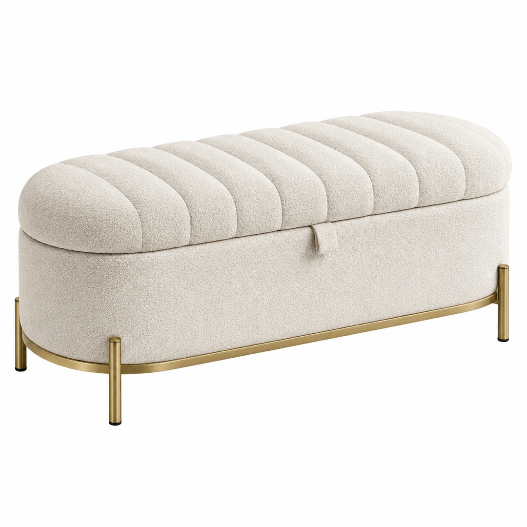 Aufbewahrungsbank mit gepolstertem Bouclé-Creme-Sitz, Metallgestell, Maße 120x45x48 cm, von VALMERIN