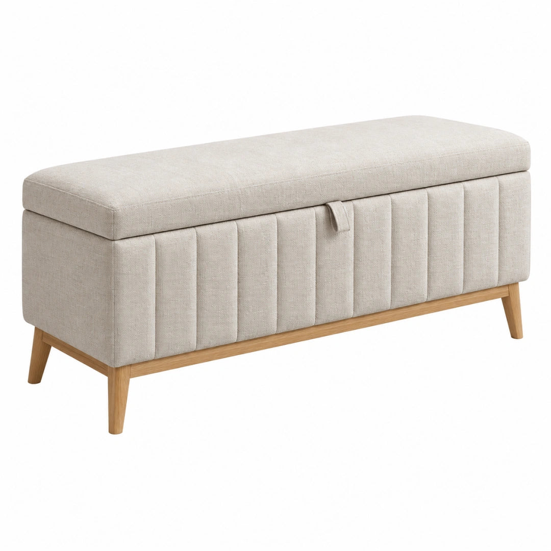 Gepolsterte Sitzbank mit Stauraum, 100x40x45 cm, beige Stoff und Holz, ideale Aufbewahrungsbank von VALMERIN