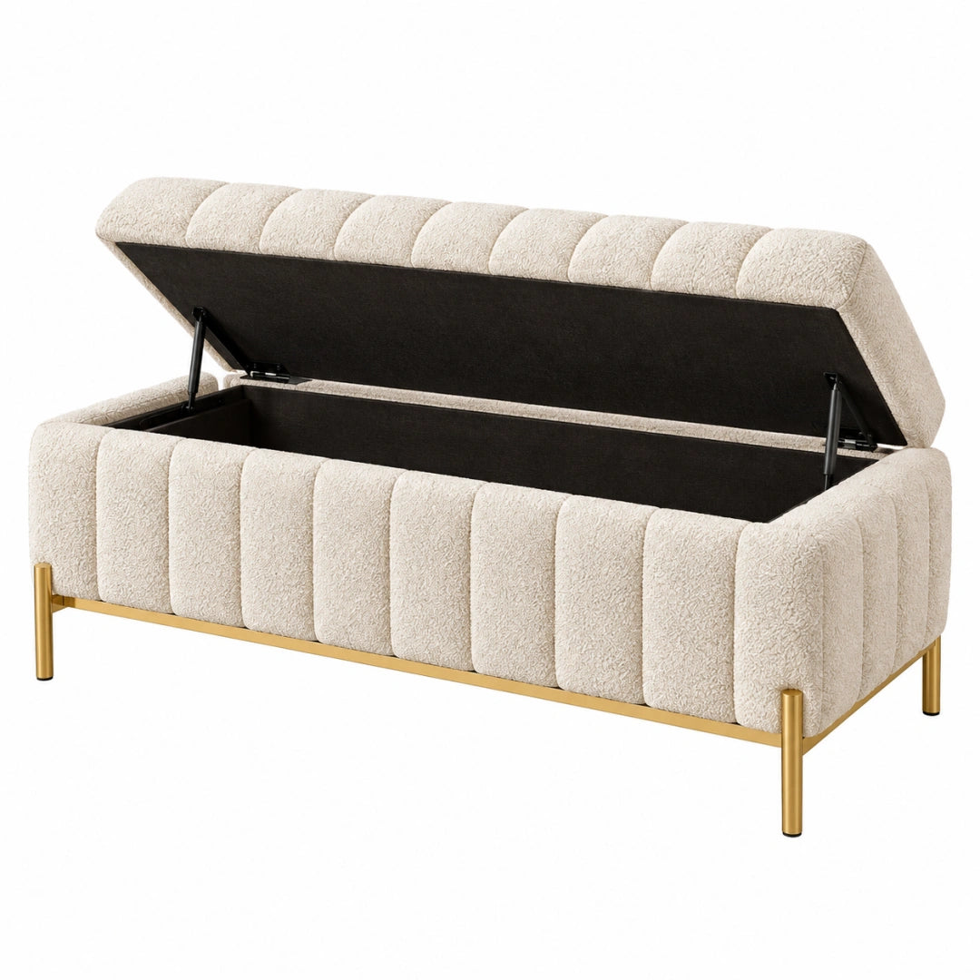 Gepolsterte Aufbewahrungsbank mit Creme Teddy-Stoff, goldfarbenem Metallgestell, klappbar, Maße 130x45x58 cm, von VALMERIN