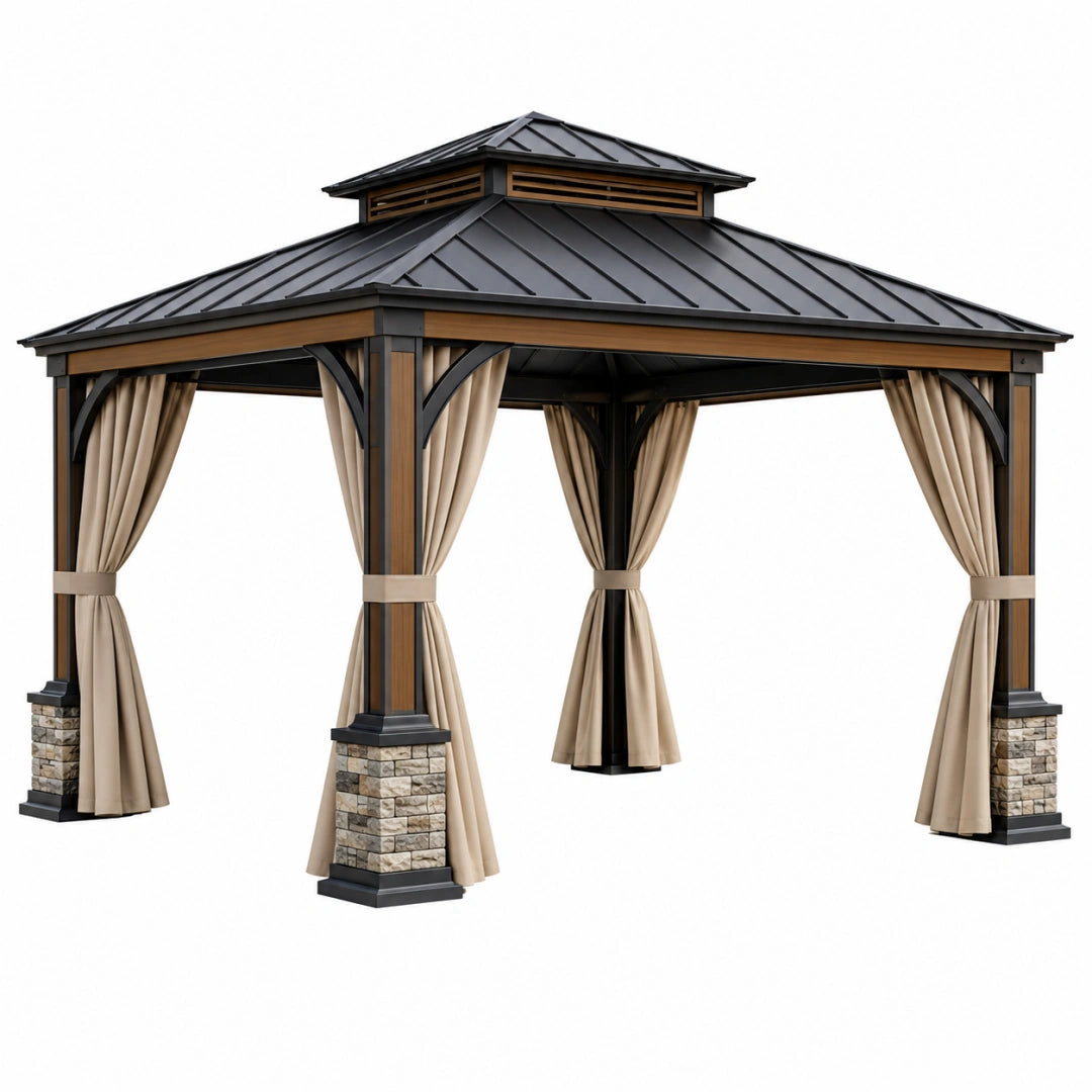 Schwarzer und brauner Stahl-Gartenpavillon 400x300 cm mit Vorhängen für Terrasse, von VALMERIN.