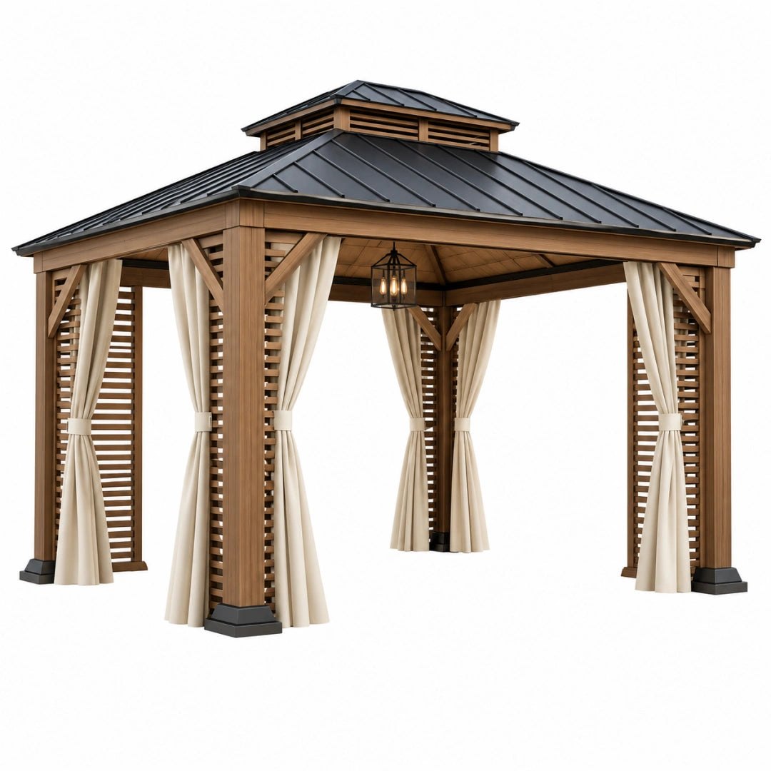 Gartenpavillon von VALMERIN aus Holz, braun mit Metalldach und Vorhängen, Maße 300 x 300 x 320 cm, für Garten und Terrasse
