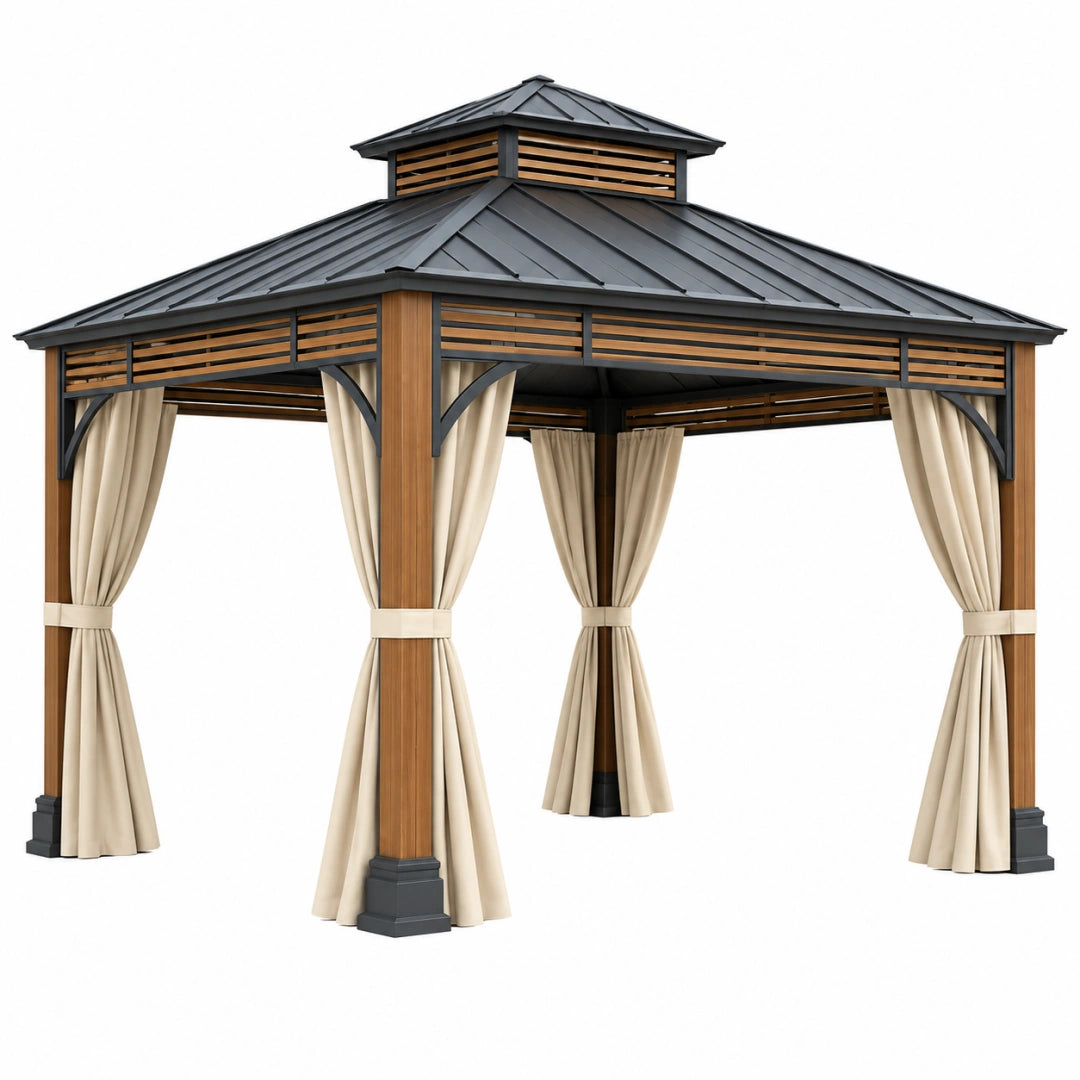 Gartenpavillon aus Holz und Metall, 300x300 cm, in Braun, Schwarz oder Beige mit Vorhängen, ideal für den Außenbereich