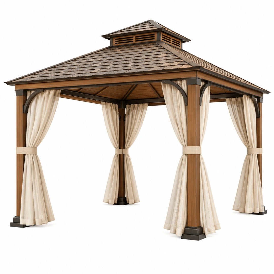 Holzpavillon 300x300 cm von VALMERIN mit braunen Vorhängen und klassischem Design, ideal für den Garten.