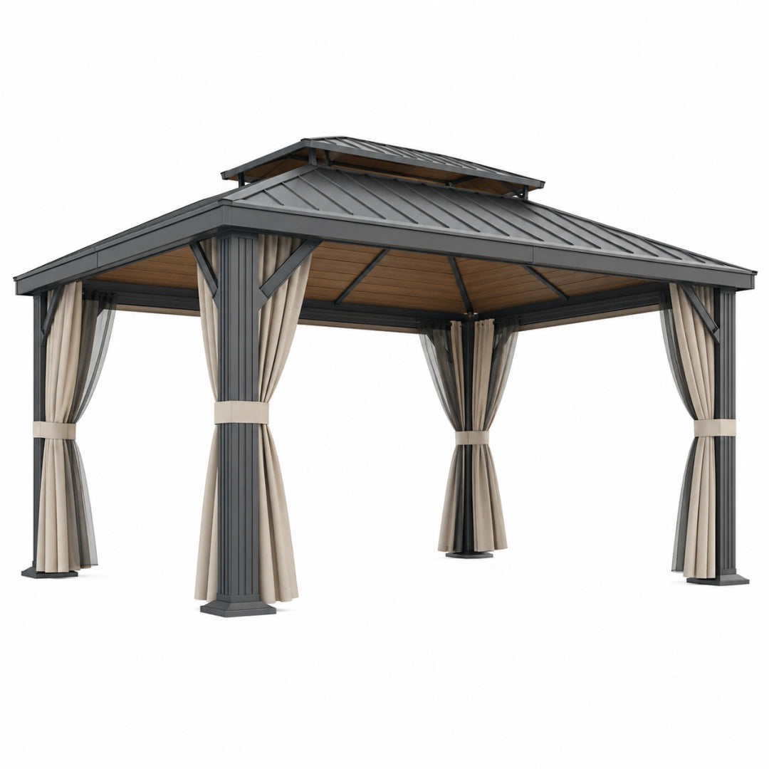 Gartenpavillon von VALMERIN, 400 x 300 cm, Metallrahmen in Anthrazit, beige Vorhänge für Terrasse, outdoor Nutzung