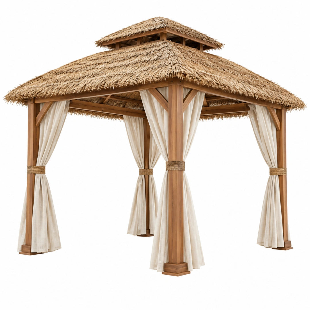 Gartenpavillon aus Holz mit Palmblattdach und Vorhängen, 300 x 300 x 320 cm, in Naturbraun, von VALMERIN