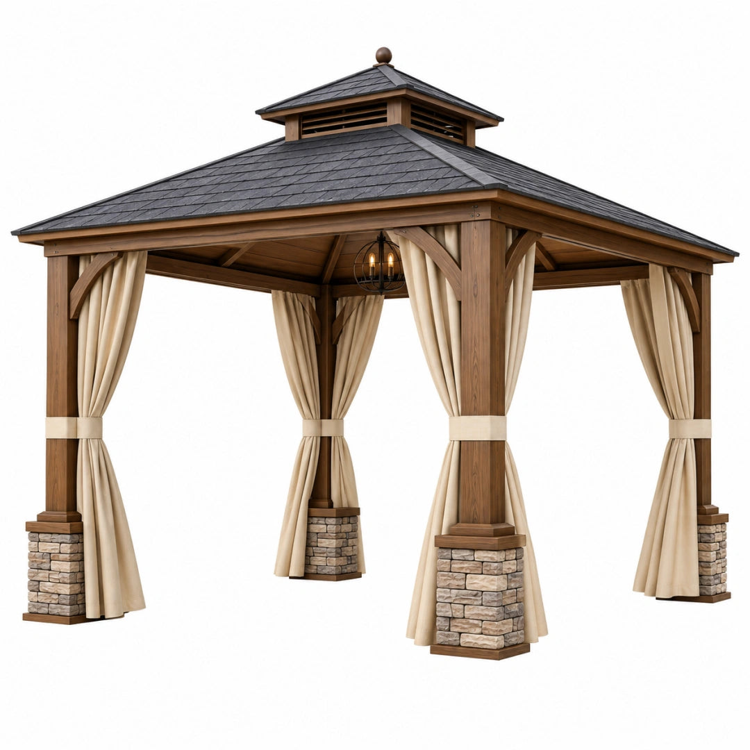 Heller brauner Holz-Pavillon von VALMERIN mit Maßen 400x400x350 cm und Vorhängen für den Garten, stabil und stilvoll.