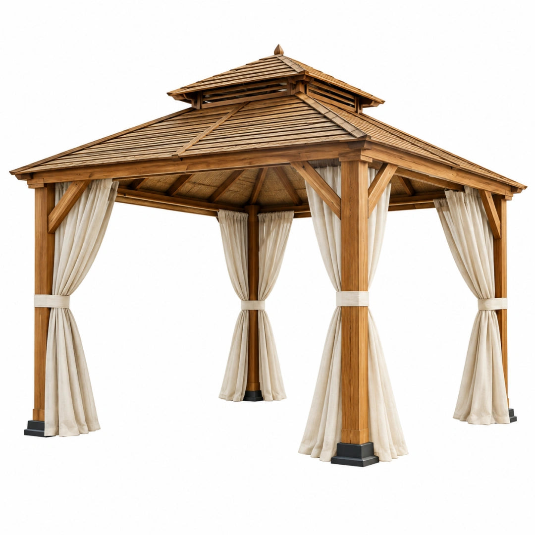 Gartenpavillon aus Holz von VALMERIN, 300 x 300 x 320 cm, mit Vorhängen und Schindeldach, naturfarben, outdoor Nutzung