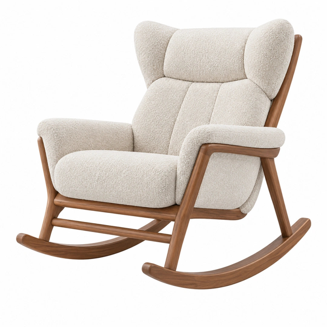 Bequemer VALMERIN Schaukelstuhl aus Textilbezug mit Holzgestell in Creme und Braun, Maße 75x95x105 cm.