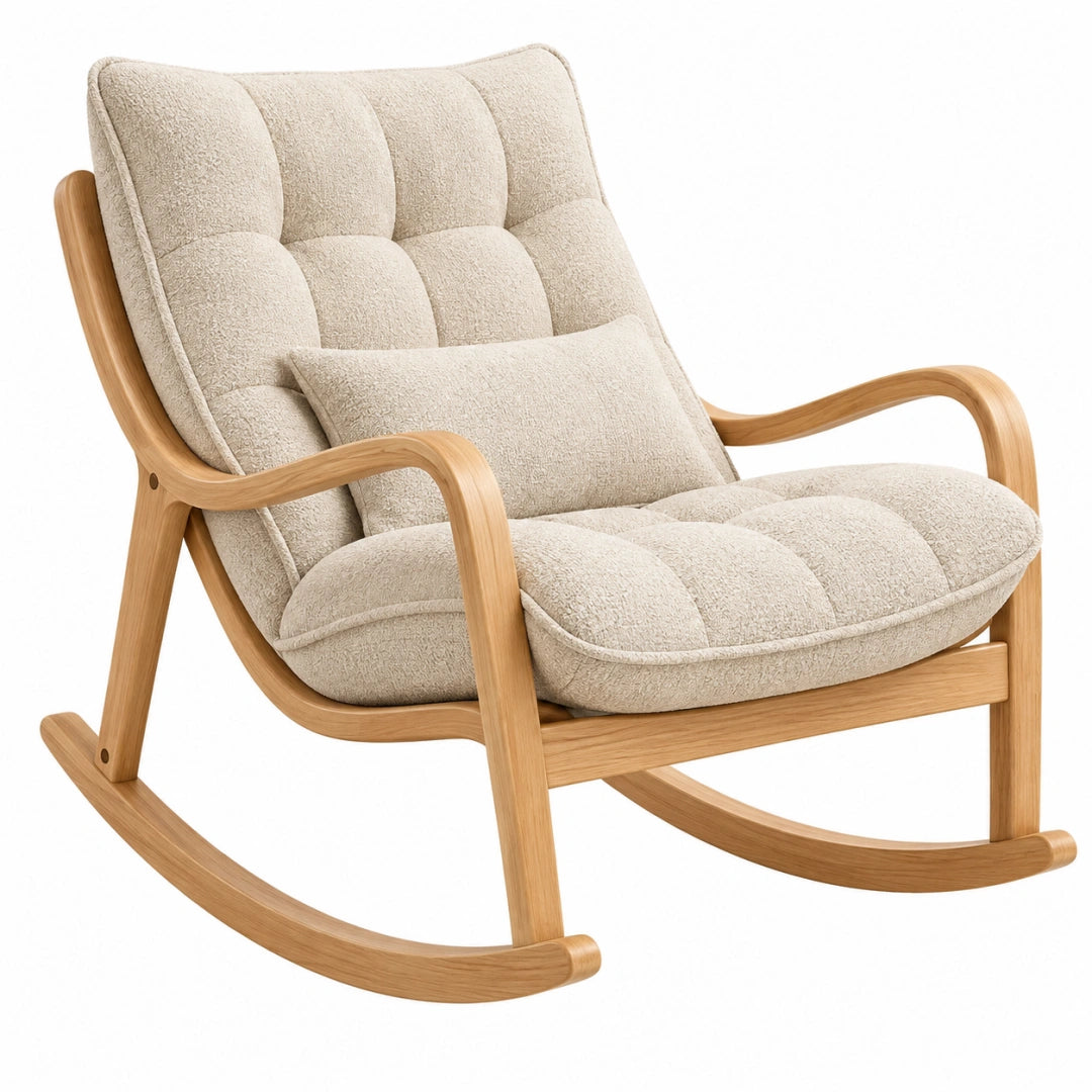 Gepolsterter Schaukelstuhl aus Holz und Bouclé-Stoff in Beige, Relaxsessel im eleganten Design von VALMERIN