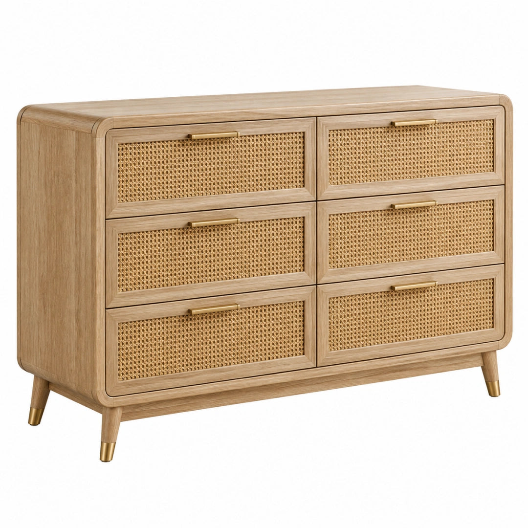 Holz- und Rattan-Kommode im Mid-Century-Stil mit 6 Schubladen, Maße 120x45x85 cm, von VALMERIN, naturfarben