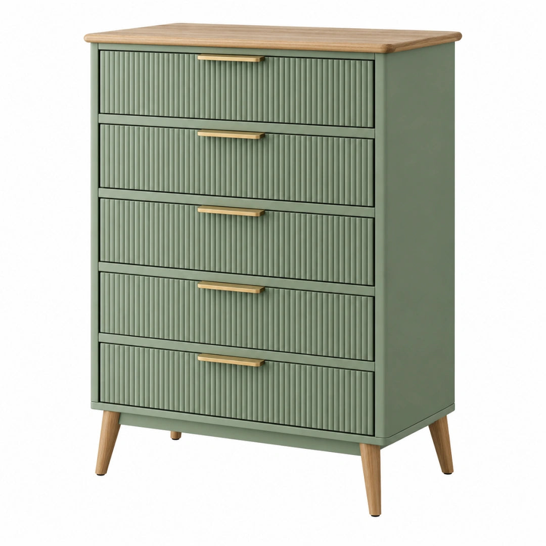 Schubladenschrank aus Holz in Salbeigrün mit fünf Schubladen im skandinavischen Stil, 80 x 40 x 110 cm, von VALMERIN
