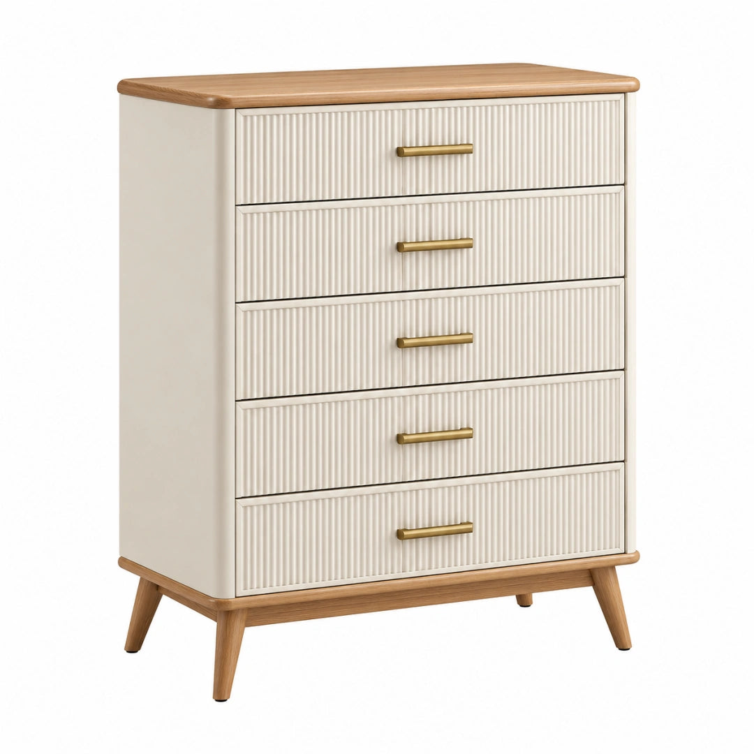 Hochwertiger VALMERIN Schubladenschrank aus Holzwerkstoff, 80x40x110 cm, creme und Naturholz, fünf Schubladen im Retro-Stil