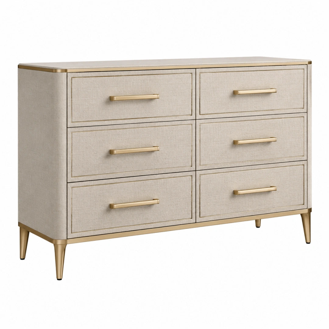 Beige Kommode mit Stoffbezug, goldfarbenem Metallgestell und sechs Schubladen, Maße 150x45x85 cm, von VALMERIN.