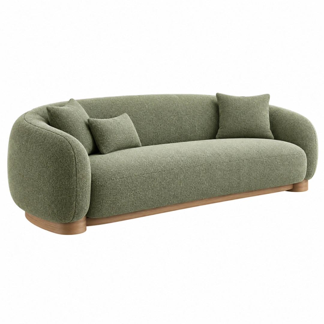 Olivgrüner 3-Sitzer Sofa von VALMERIN mit Bouclé-Stoff und Holzsockel, organisches Design und komfortable Sitzfläche