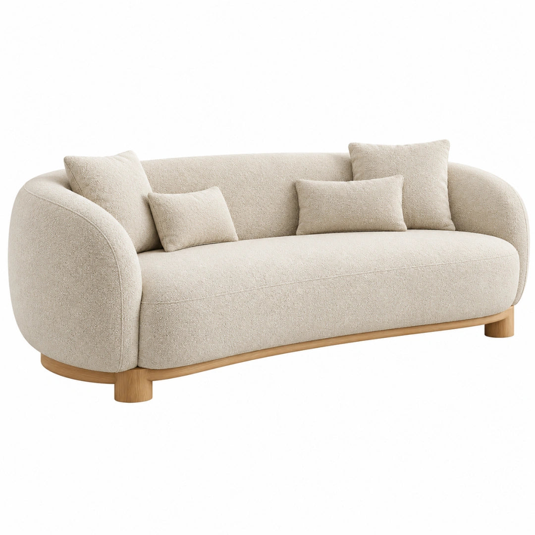 Beiger 2-Sitzer Sofa VALMERIN mit Bouclé-Stoff, Holzfüßen, modernes Design, Maße 180x85x78 cm, komfortabel und stilvoll