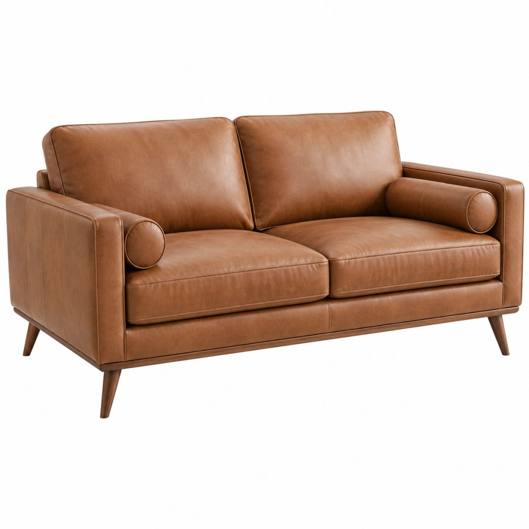Brauner 2-Sitzer-Sofa aus Lederoptik im Mid-Century-Stil, Maße 160x88x85 cm, von VALMERIN, stilvoller Wohnzimmermöbel.