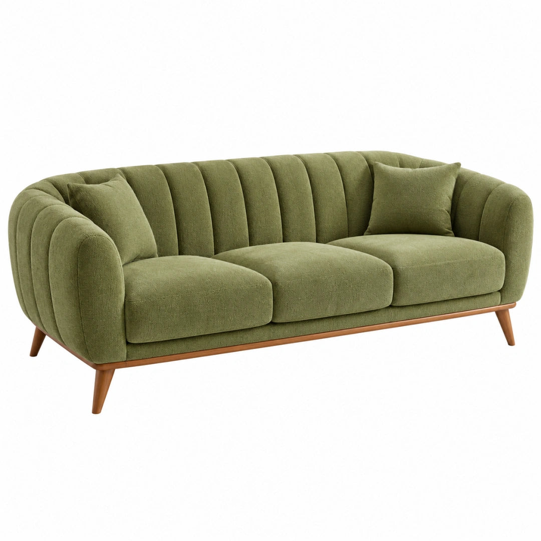 Olivgrüner 3-Sitzer Sofa von VALMERIN mit Holzfüßen im Retro-Stil, Maße 210 x 90 x 82 cm, Stoffbezug aus Baumwolle