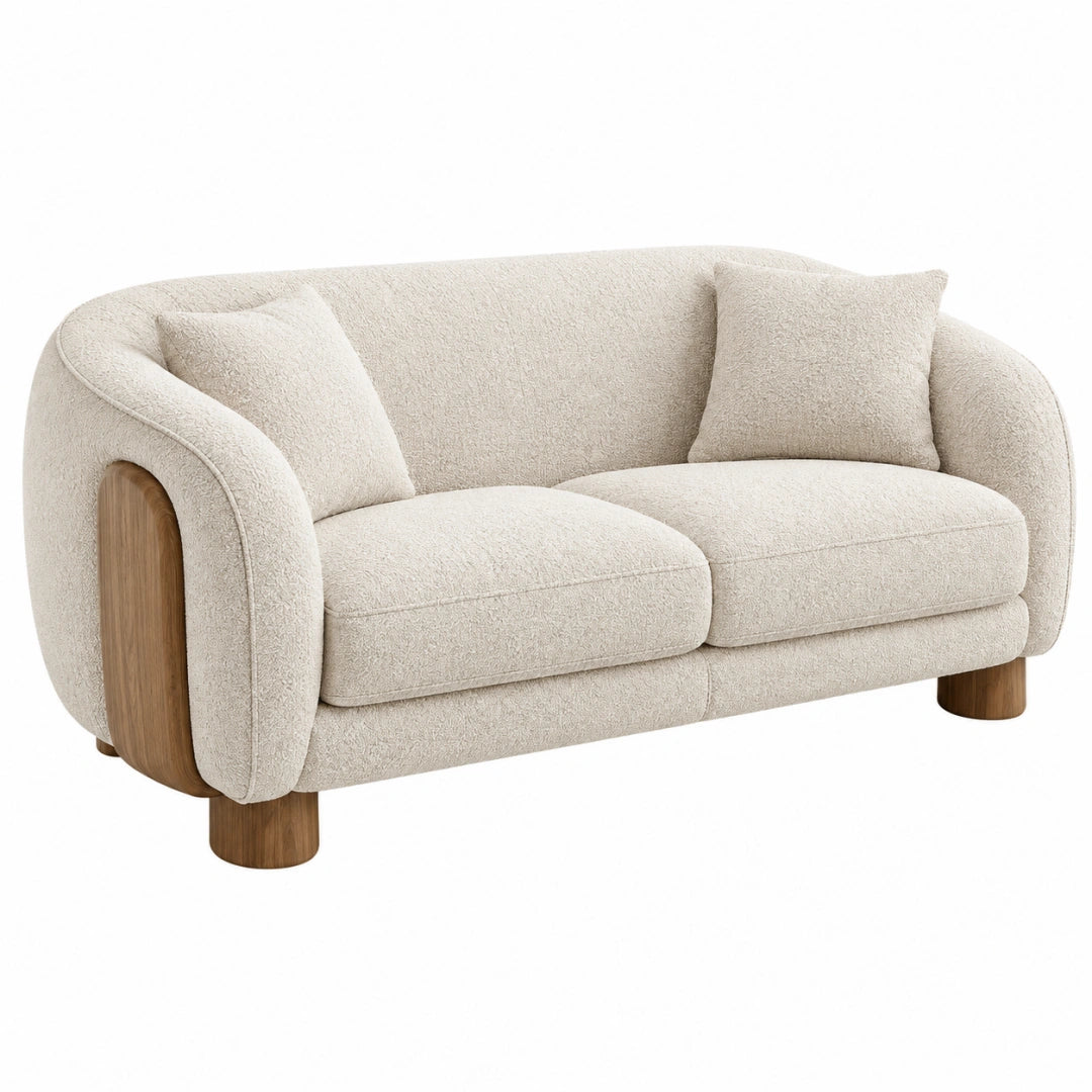Beiges 2-Sitzer Sofa von VALMERIN aus Strukturstoff mit Holzfüßen im skandinavischen Stil, 170 cm breit.