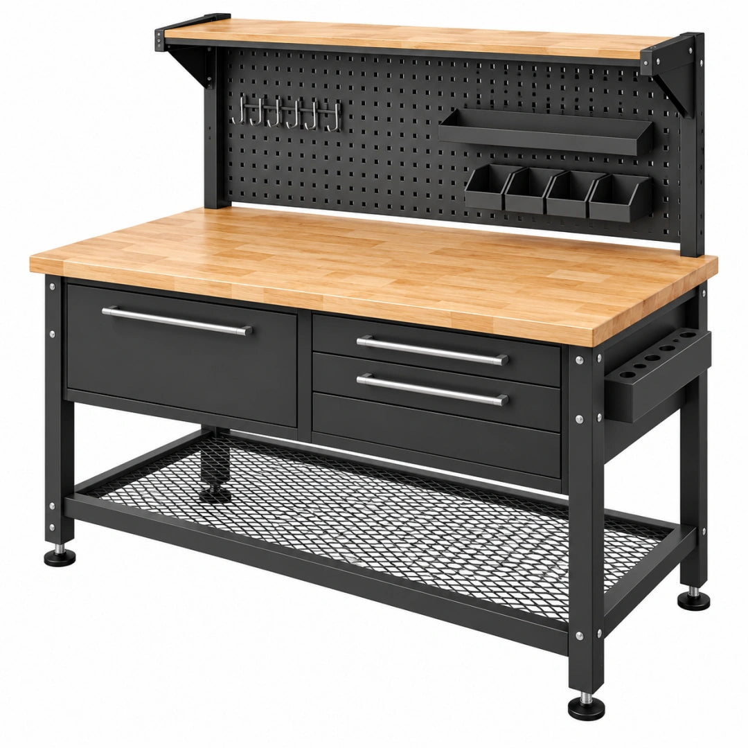 Stahl- und Holz-Werkbank von VALMERIN, 120x60x150 cm, mit Lochwand und Schubladen, schwarz und naturfarben, für Werkstattarbeiten