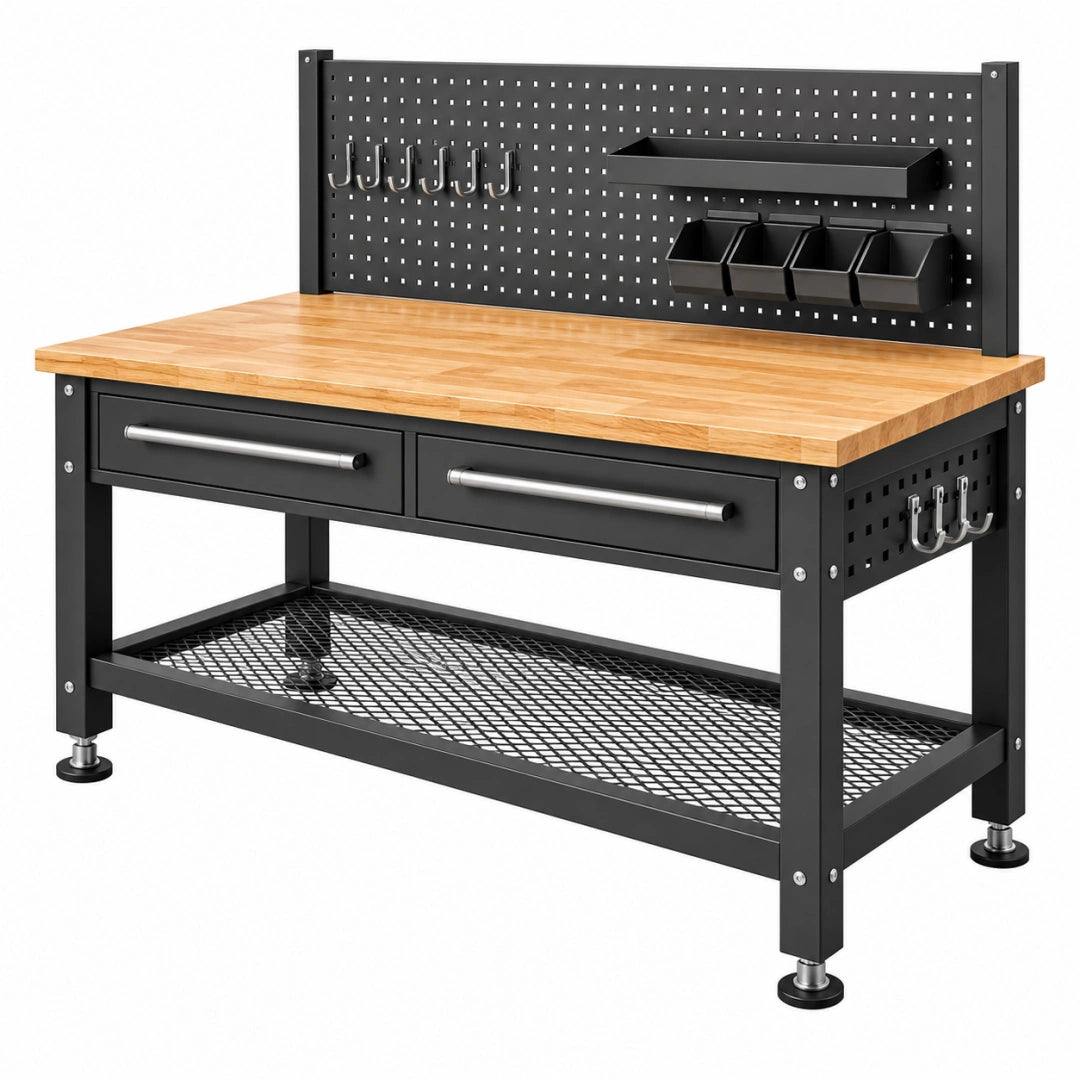 Stahl-Holz-Werkbank von VALMERIN, 120x60x150 cm, schwarz und natur, mit Lochwand und Schubladen, für Werkstatt oder Garage