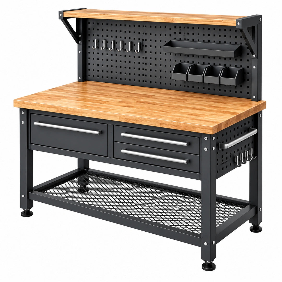 Schwarze Werkbank aus Holz und Metall mit Lochwand und Schubladen, 120 x 60 x 150 cm, VALMERIN, Naturholzoptik