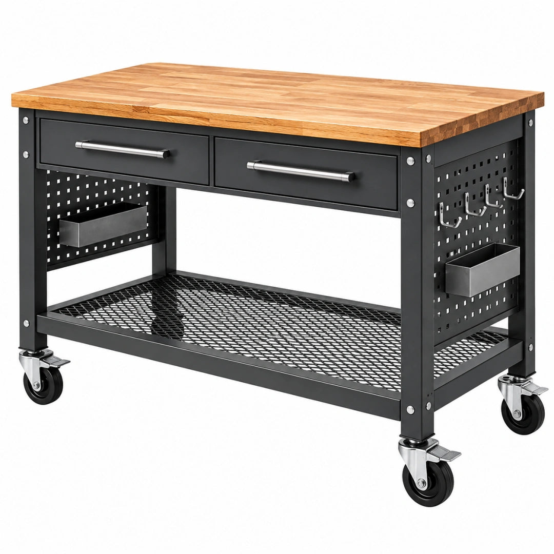 Schwarze und naturfarbene Werkbank aus Holz und Stahl, 120x60x90 cm, mit Schubladen, mobil und robust, von VALMERIN.