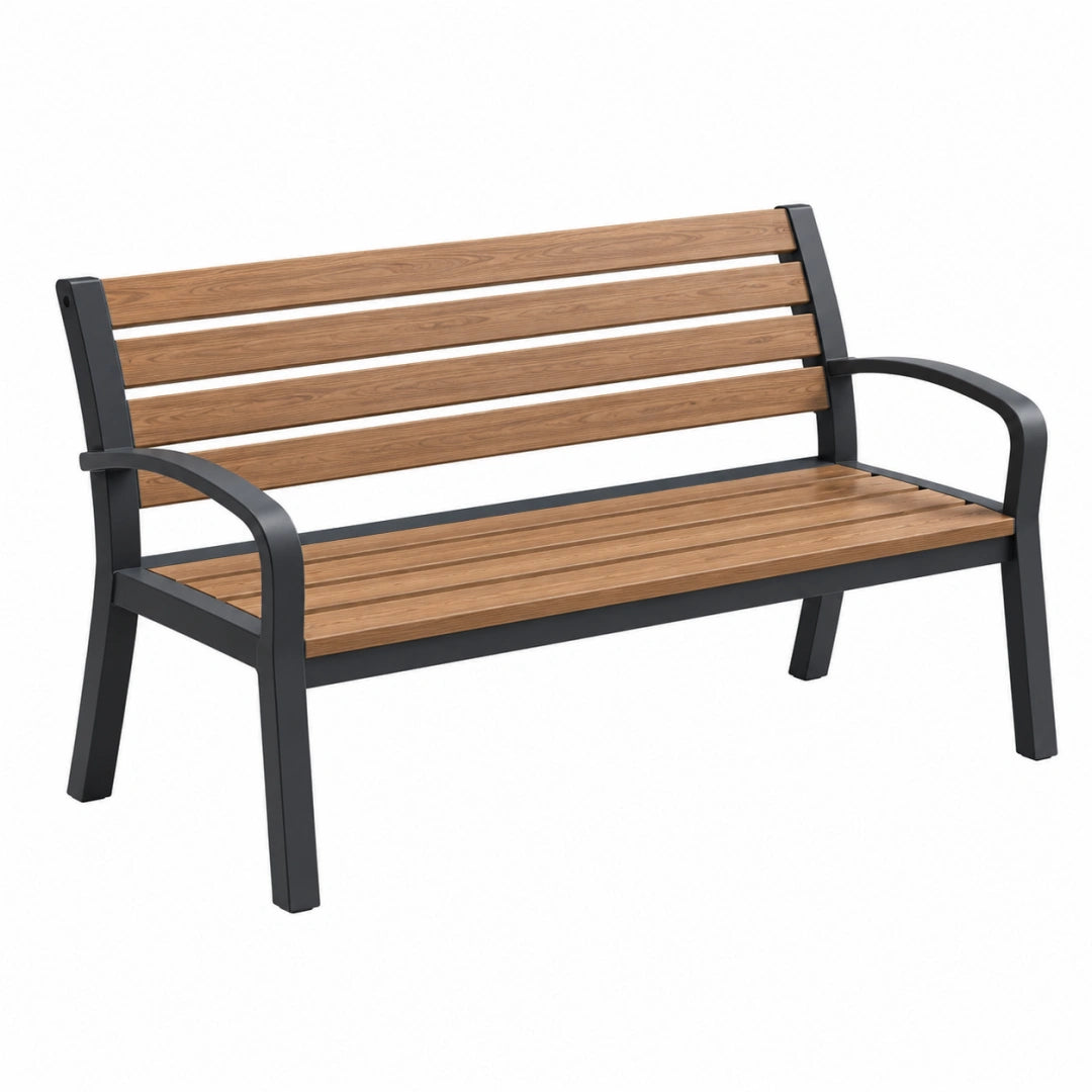 Gartenbank aus Holz und Metall in Braun und Schwarz mit Armlehnen, Maße 120x65x85 cm, von VALMERIN