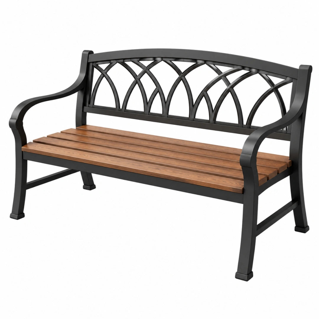 Gartenbank aus Metall und Holz in Braun und Schwarz, 120 x 65 x 90 cm, mit geschwungener Rückenlehne für Terrasse