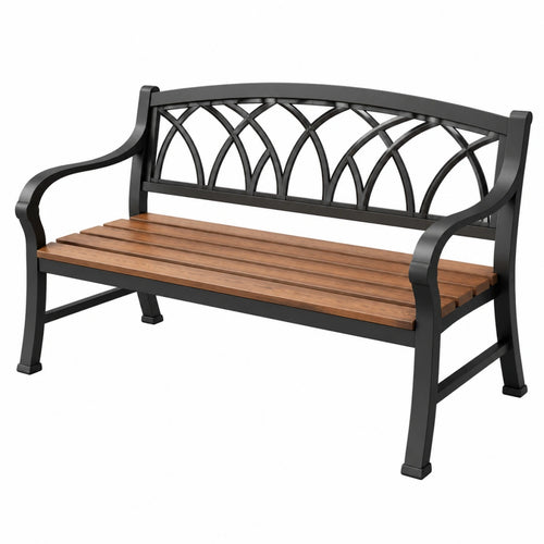 Gartenbank aus Metall und Holz in Braun und Schwarz, 120 x 65 x 90 cm, mit geschwungener Rückenlehne für Terrasse
