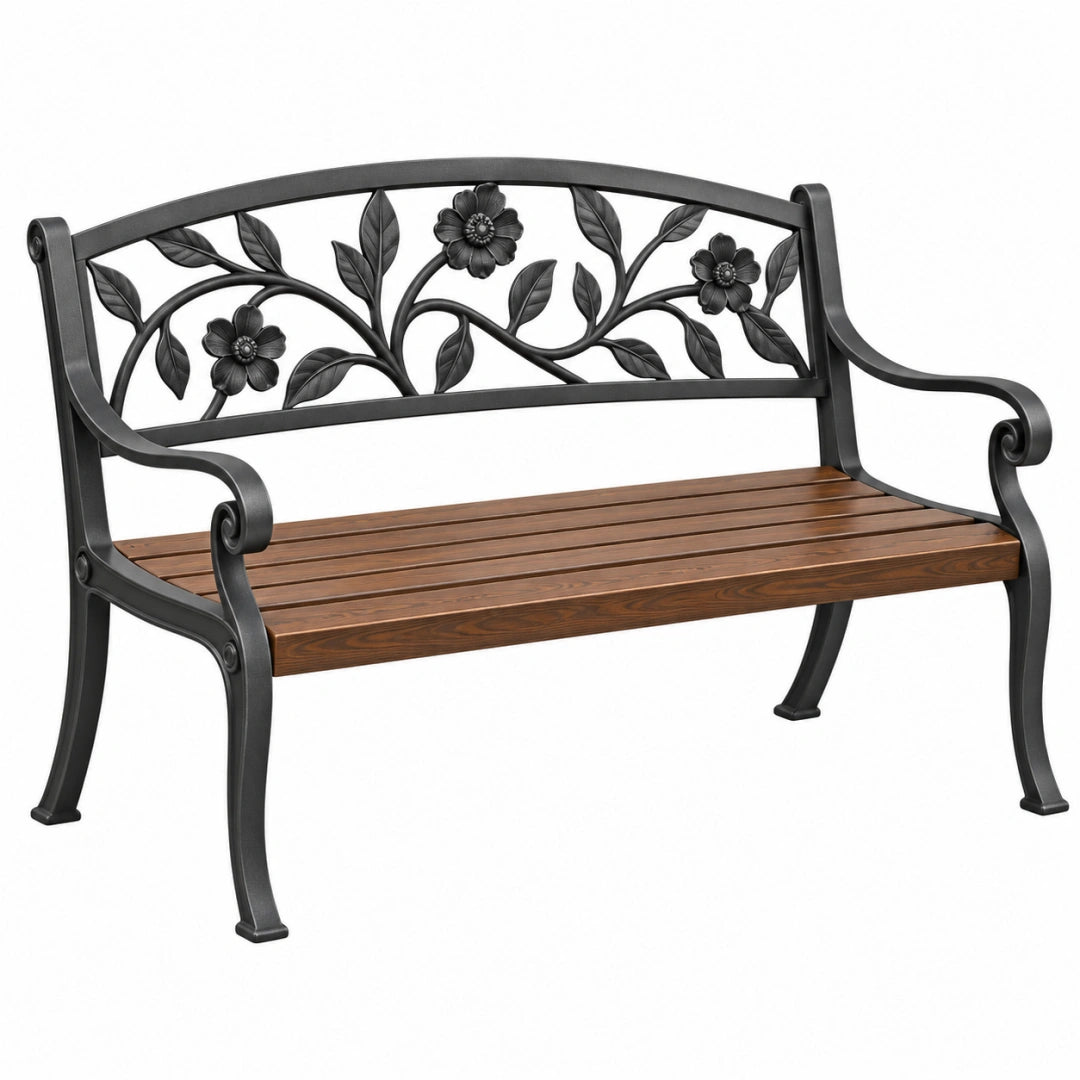 Schwarze Gartenbank aus Metall und Holz mit Blumenmuster, Maße 123x62x91 cm, von VALMERIN, für Garten und Terrasse