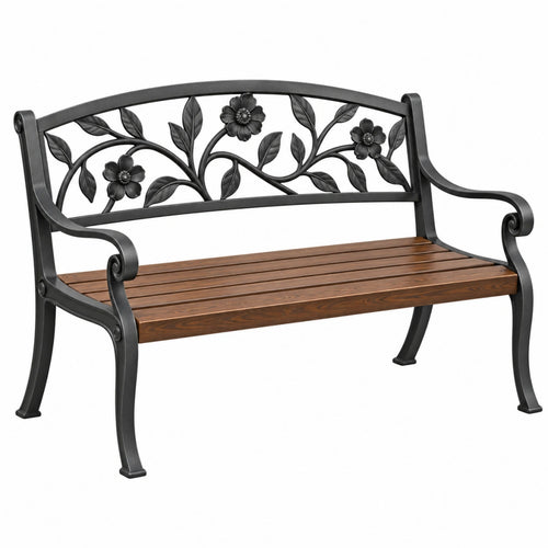 Schwarze Gartenbank aus Metall und Holz mit Blumenmuster, Maße 123x62x91 cm, von VALMERIN, für Garten und Terrasse