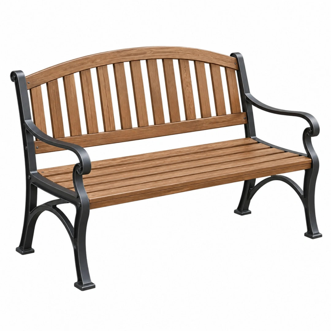 Gartenbank aus Holz und Metall in Braun und Schwarz mit Armlehnen, 122 cm lang, von VALMERIN, stabile Sitzgelegenheit für den Garten